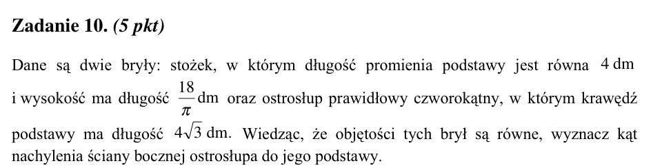Zadanie 10: Kąt ściany bocznej ostrosłupa - matura matematyka 2002