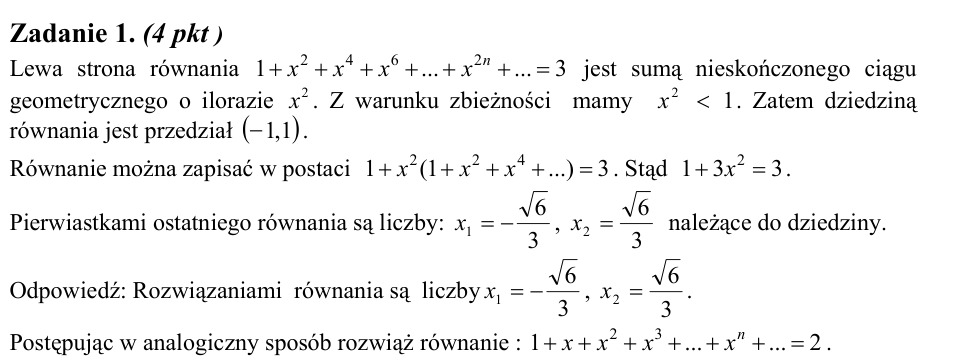 Zadanie 1: Równanie szeregu geometrycznego - matura matematyka 2003