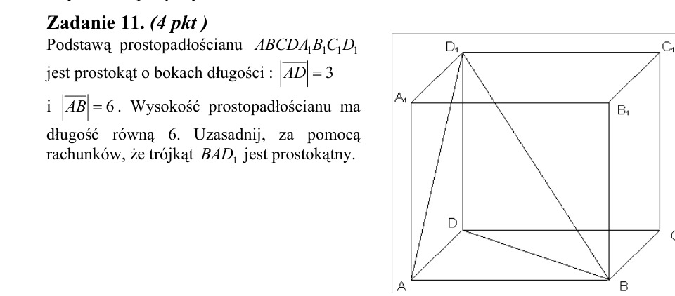 Zadanie 11: Trójkąt prostokątny w prostopadłościanie - matura matematyka 2003