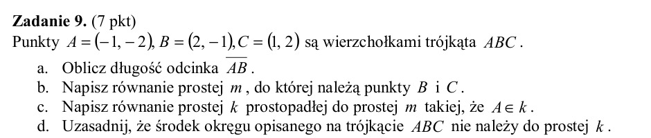 Zadanie 9: Proste i okrąg opisany - matura matematyka 2004