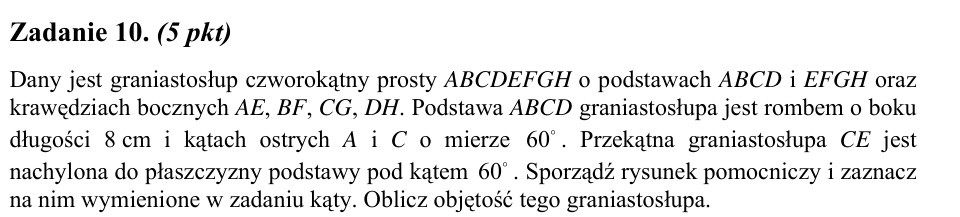 Zadanie 10: Objętość graniastosłupa prostego - matura matematyka 2007