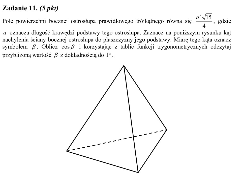 Zadanie 11: Kąt nachylenia ściany bocznej - matura matematyka 2008