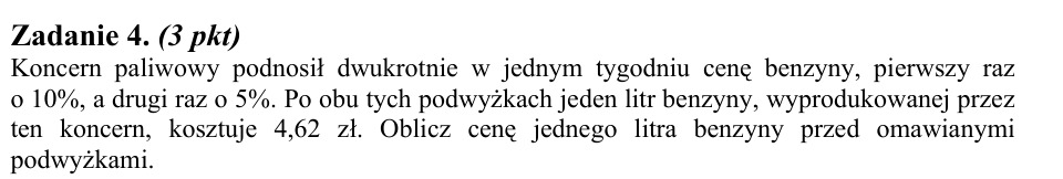 Zadanie 4: Cena benzyny przed podwyżkami - matura matematyka 2008