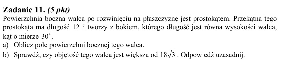 Zadanie 11: Powierzchnia boczna walca - matura matematyka 2009