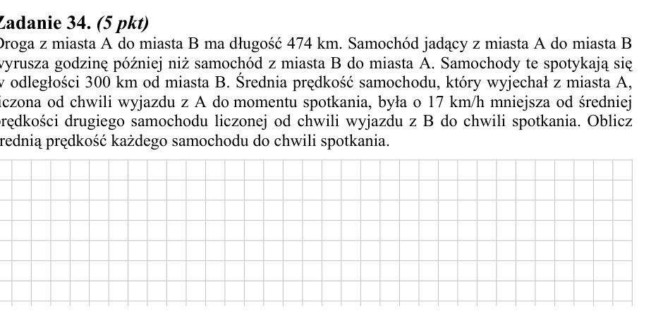 Zadanie 34: Prędkości samochodów do spotkania - matura matematyka 2010