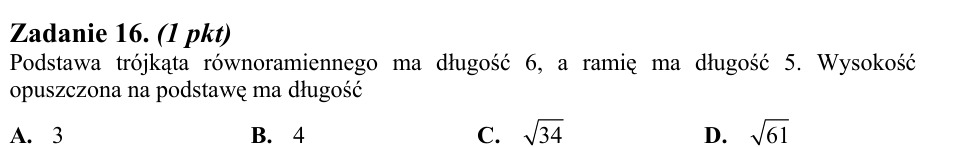 Zadanie 16: Wysokość trójkąta równoramiennego - matura matematyka 2010