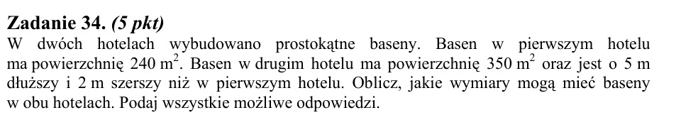 Zadanie 34: Wymiary basenów w hotelach - matura matematyka 2010