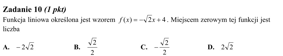 Zadanie 10: Miejsce zerowe funkcji liniowej - matura matematyka 2011