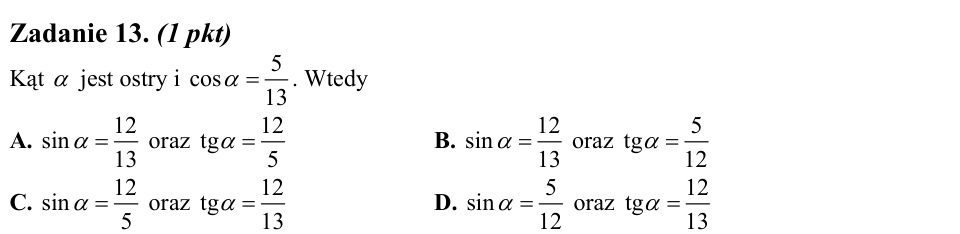 Zadanie 13: Sinus i tangens kąta ostrego - matura matematyka 2011