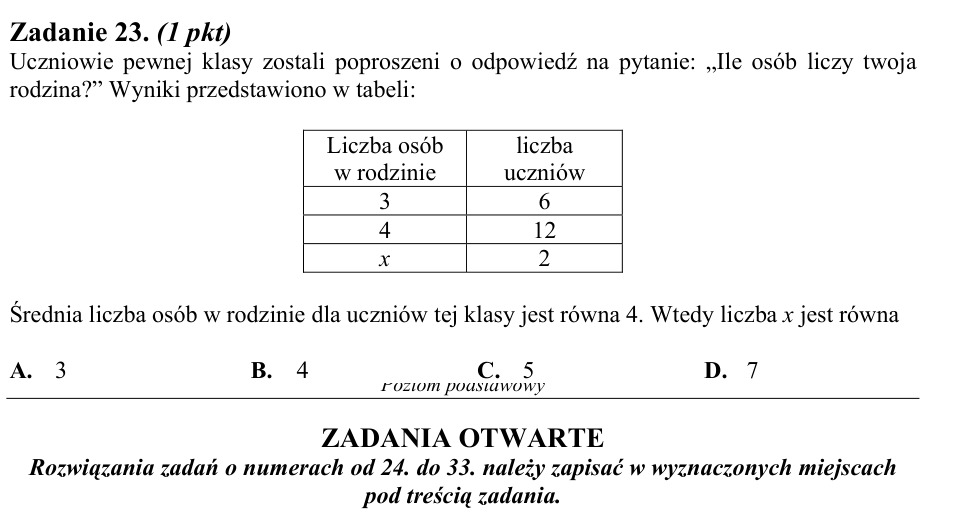 Zadanie 23: Średnia liczba osób w rodzinie - matura matematyka 2011