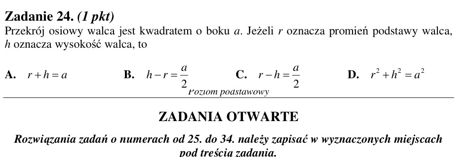 Zadanie 24: Promień i wysokość walca - matura matematyka 2012