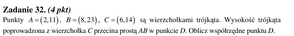 Zadanie 32: Współrzędne spodka wysokości - matura matematyka 2012