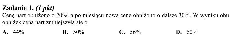 Zadanie 1: Dwie obniżki ceny nart - matura matematyka 2012