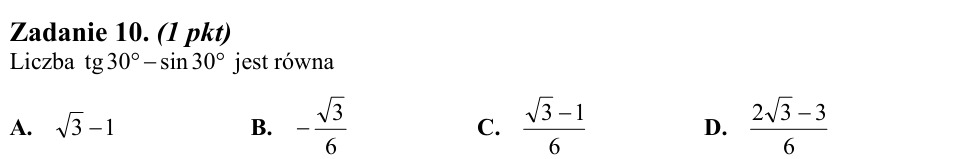 Zadanie 10: Różnica tangensa i sinusa - matura matematyka 2012