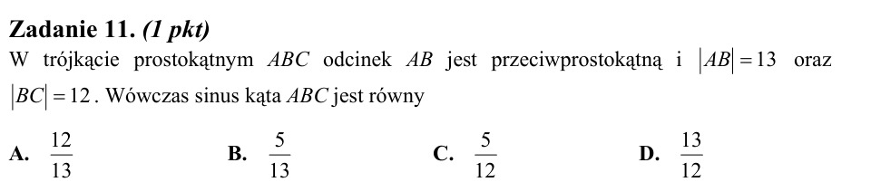 Zadanie 11: Sinus kąta w trójkącie - matura matematyka 2012