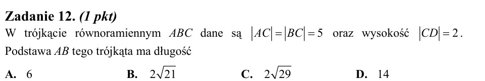 Zadanie 12: Długość podstawy trójkąta - matura matematyka 2012