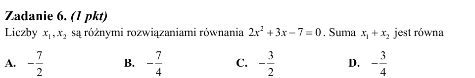 Zadanie 6: Suma rozwiązań równania kwadratowego - matura matematyka 2012