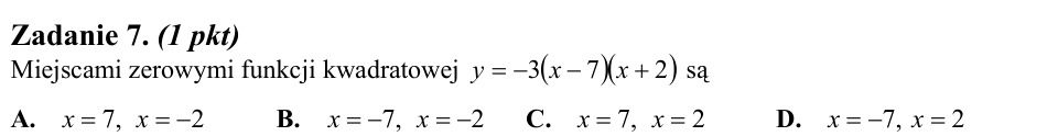 Zadanie 7: Miejsca zerowe funkcji kwadratowej - matura matematyka 2012