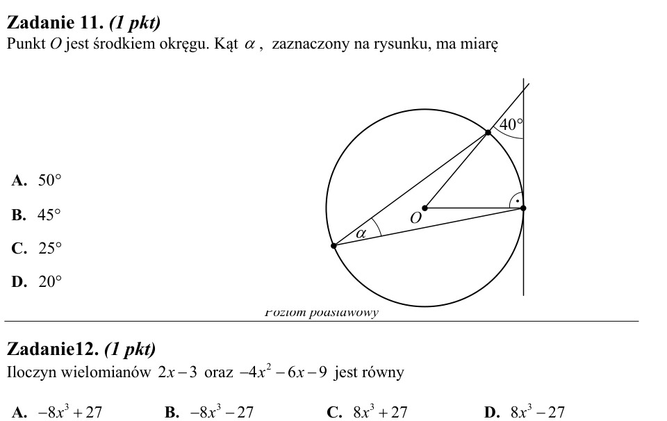 Zadanie 11: Miara kąta w okręgu - matura matematyka 2013