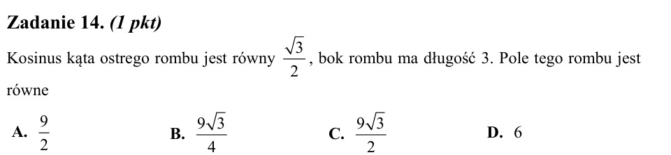 Zadanie 14: Pole rombu z kosinusem - matura matematyka 2013