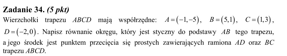 Zadanie 34: Równanie okręgu stycznego - matura matematyka 2013