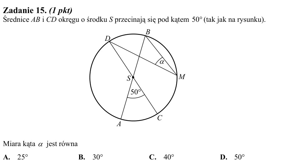 Zadanie 15: Miara kąta przy średnicach - matura matematyka 2013
