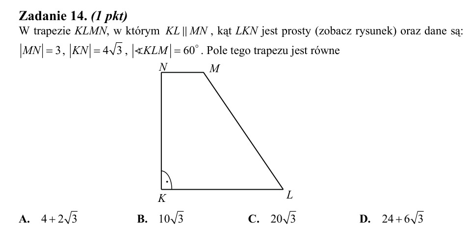 Zadanie 14: Pole trapezu prostokątnego - matura matematyka 2014
