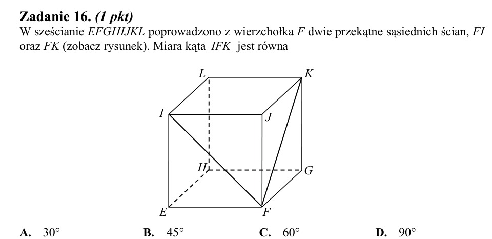 Zadanie 16: Kąt między przekątnymi sześcianu - matura matematyka 2014