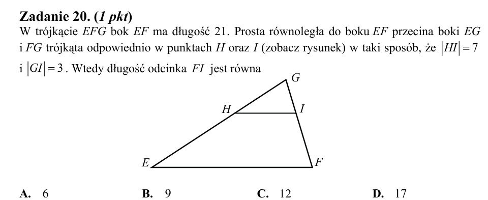 Zadanie 20: Długość odcinka w trójkącie - matura matematyka 2014