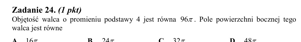 Zadanie 24: Pole boczne walca - matura matematyka 2014