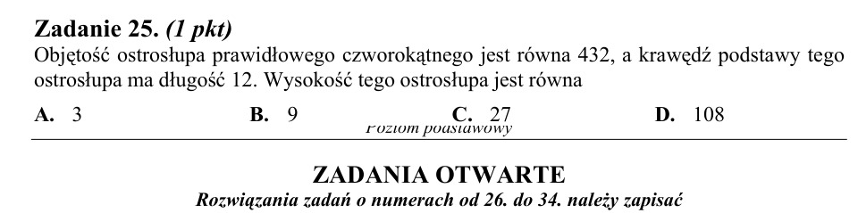 Zadanie 25: Wysokość ostrosłupa czworokątnego - matura matematyka 2014