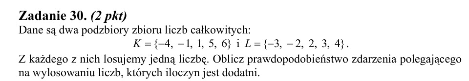 Zadanie 30: Prawdopodobieństwo dodatniego iloczynu - matura matematyka 2014