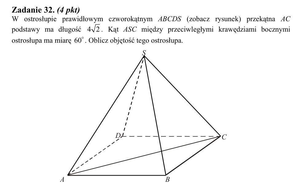Zadanie 32: Objętość ostrosłupa prawidłowego - matura matematyka 2014