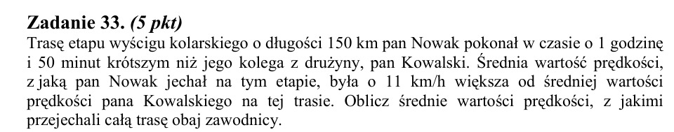 Zadanie 33: Prędkości obu kolarzy - matura matematyka 2014