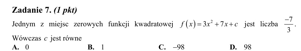 Zadanie 7: Parametr funkcji kwadratowej - matura matematyka 2014