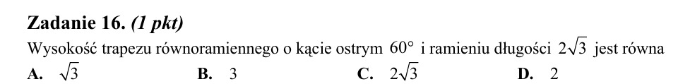 Zadanie 16: Wysokość trapezu równoramiennego - matura matematyka 2014