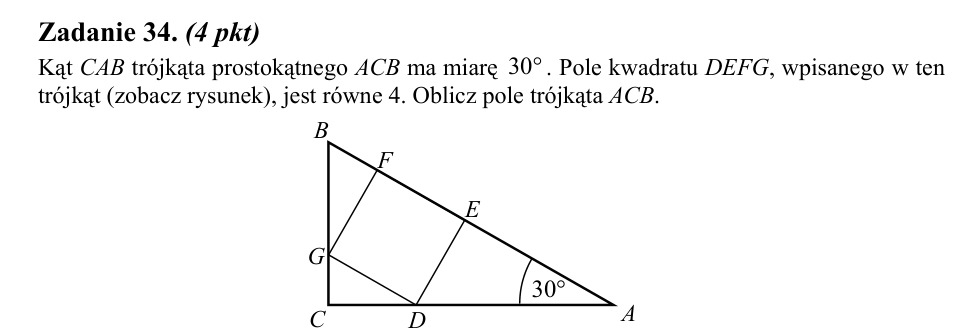 Zadanie 34: Pole trójkąta z kwadratem - matura matematyka 2014