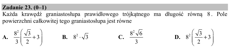 Zadanie 23: Pole graniastosłupa trójkątnego - matura matematyka 2015