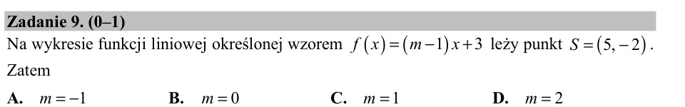 Zadanie 9: Punkt wykresu funkcji liniowej - matura matematyka 2015