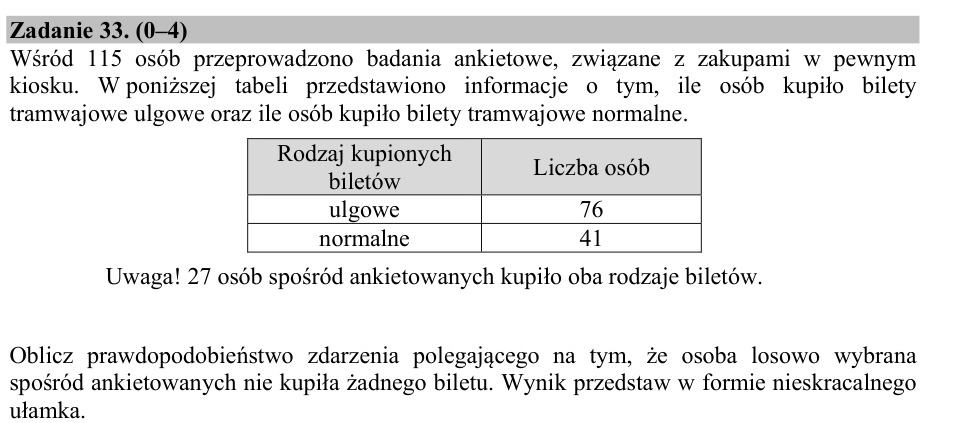 Zadanie 33: Prawdopodobieństwo braku biletu - matura matematyka 2015