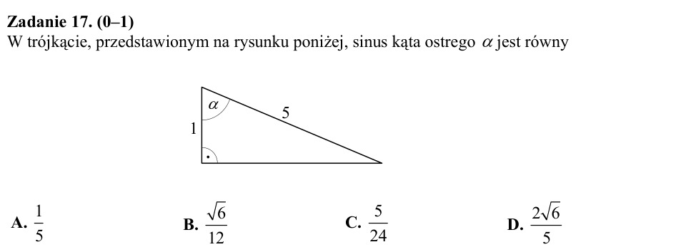 Zadanie 17: Sinus kąta ostrego - matura matematyka 2015