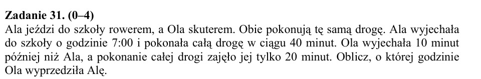 Zadanie 31: Godzina wyprzedzenia na drodze - matura matematyka 2015