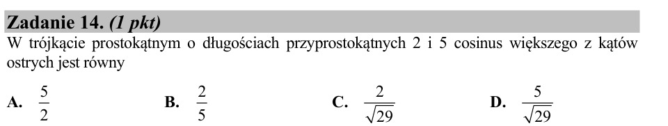 Zadanie 14: Cosinus większego kąta ostrego - matura matematyka 2015
