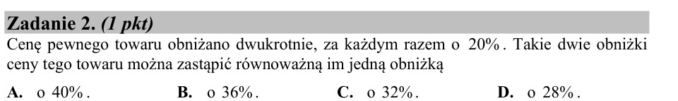 Zadanie 2: Dwie obniżki ceny towaru - matura matematyka 2015