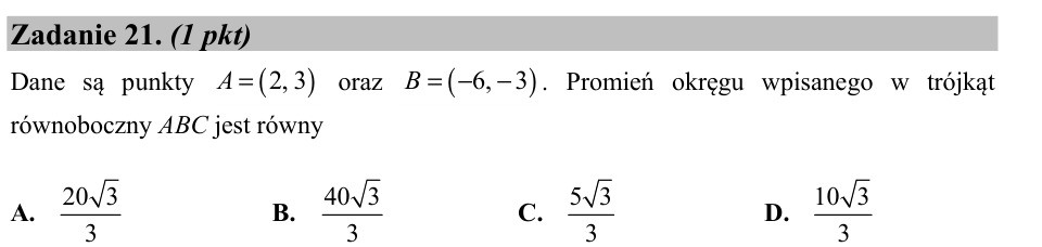 Zadanie 21: Promień okręgu wpisanego - matura matematyka 2015