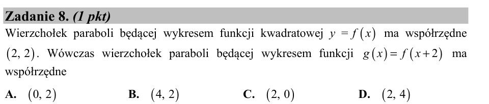 Zadanie 8: Wierzchołek przesuniętej paraboli - matura matematyka 2015