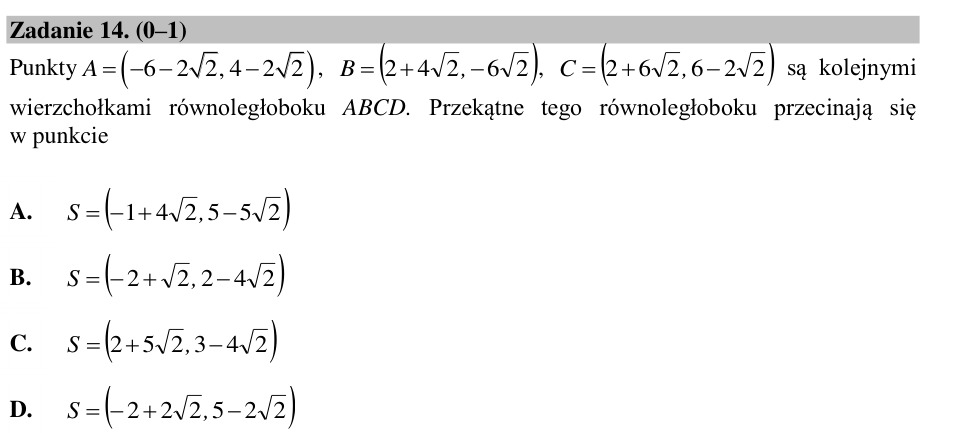 Zadanie 14: Środek równoległoboku ABCD - matura matematyka 2015
