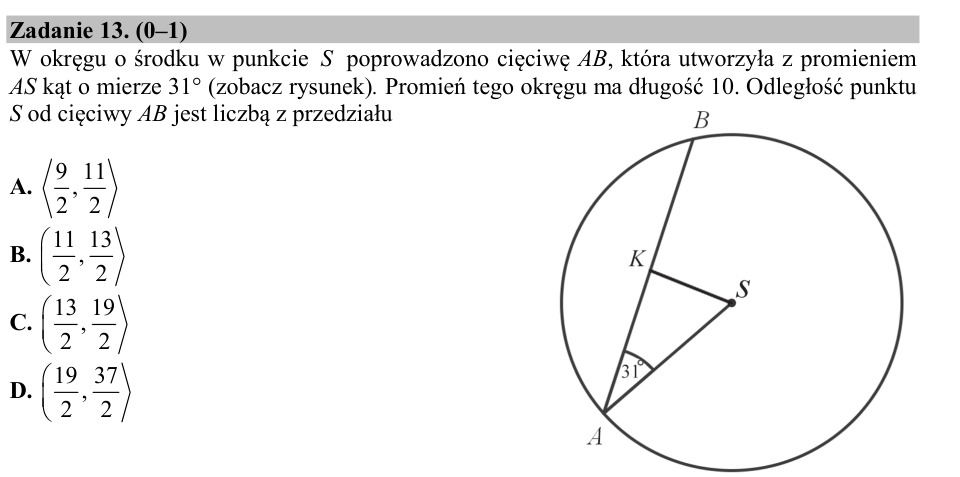 Zadanie 13: Odległość środka od cięciwy - matura matematyka 2016