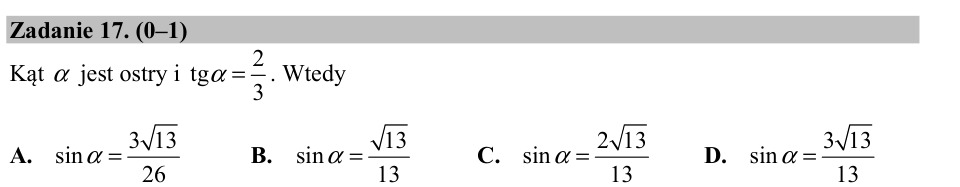 Zadanie 17: Sinus kąta ostrego - matura matematyka 2016