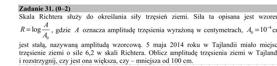 Zadanie 31: Amplituda trzęsienia ziemi - matura matematyka 2016